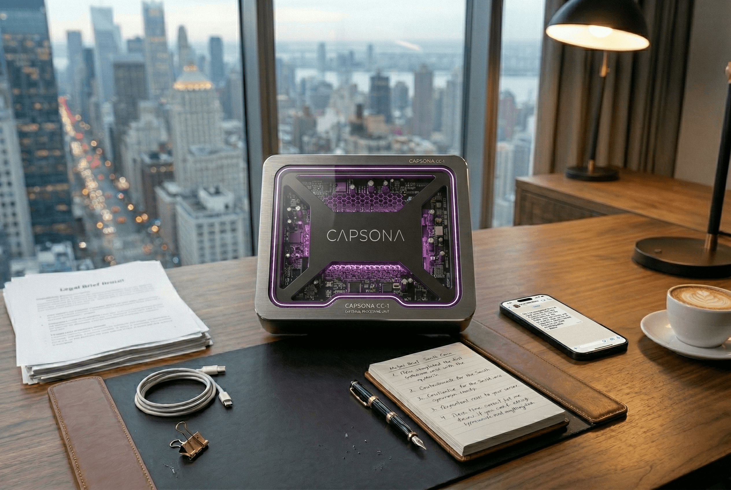 Capsona Box on a desk — AI assistant working alongside you